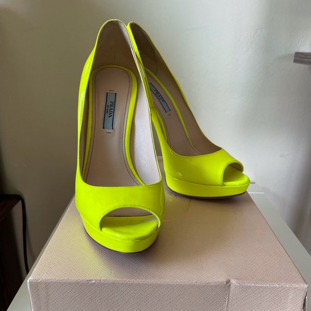 Neon Yellow Peep Toe Prada Platform Heels size 8